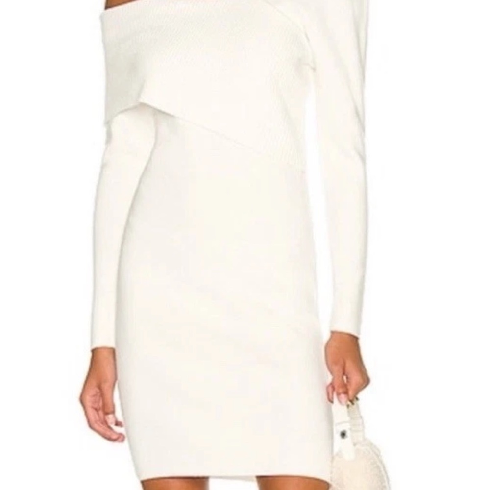 Line & Dot Off-Shoulder Cream Mini Dress